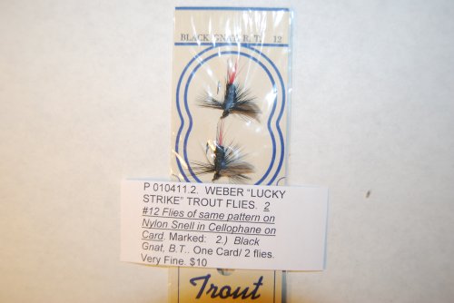 WEBER LUCKY STRIKE TROUT FLIES. 2 Flies of same pattern on Nylon Snell in Cellophane on Card. #12 Black Gnat, B.T.